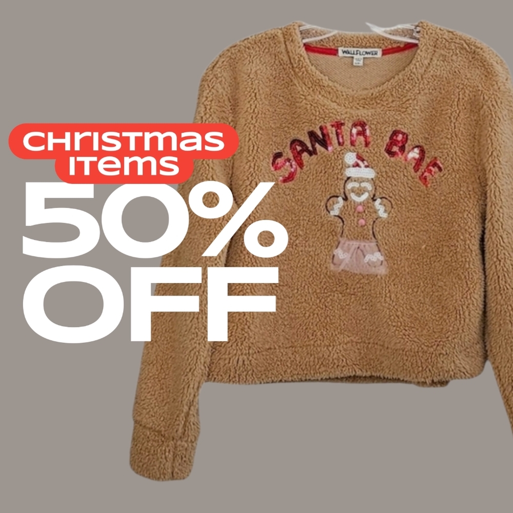 Cropped Tan Teddy Sweater Santa Bae in Red Sequins Gingerbread in Tutu size L